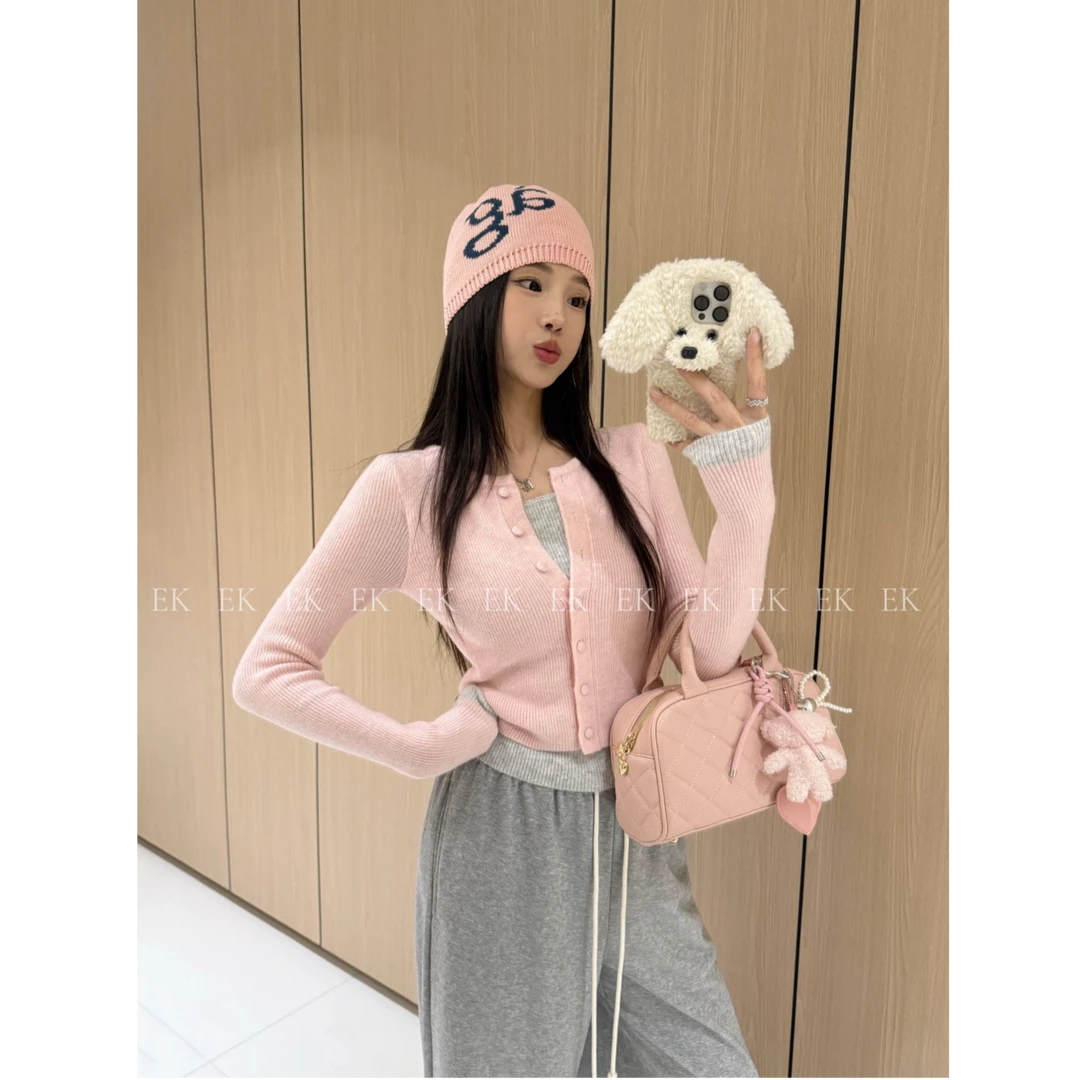 韩系松弛感撞色假两件针织衫女2025秋冬新款甜妹显瘦叠穿上衣381