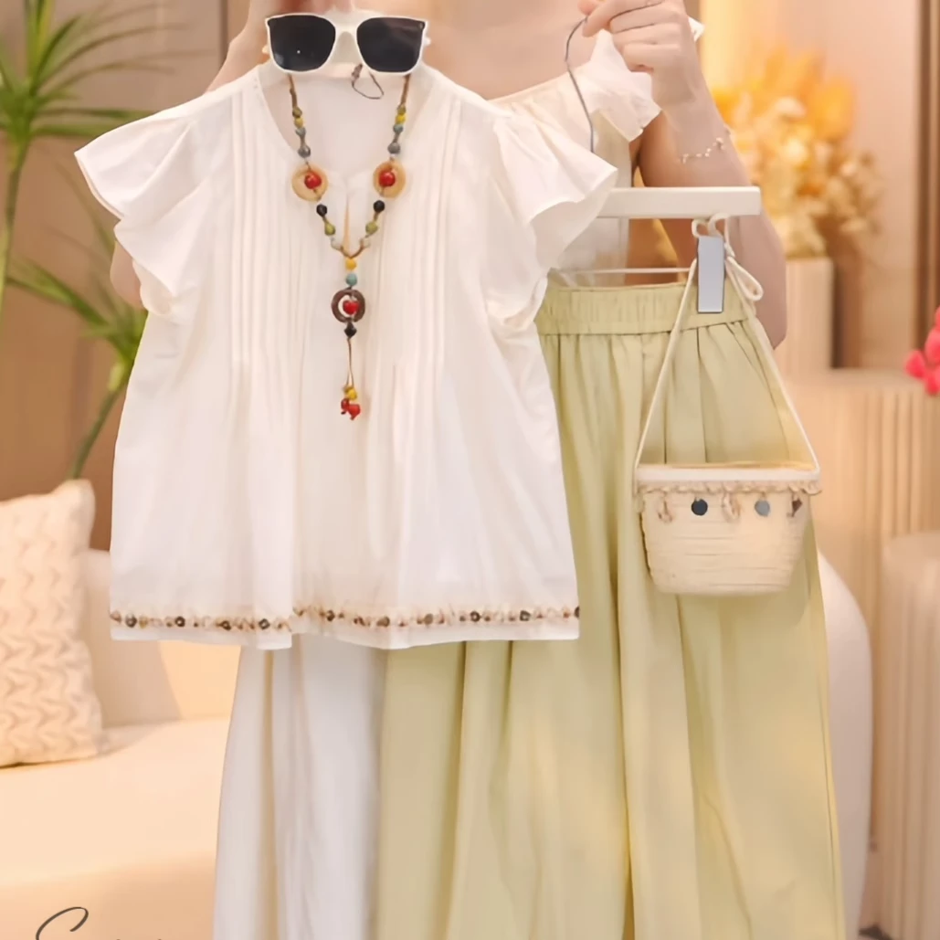 女童飞袖娃娃衫九分裤套装修夏季2025新款度假风上衣T恤阔腿裤潮