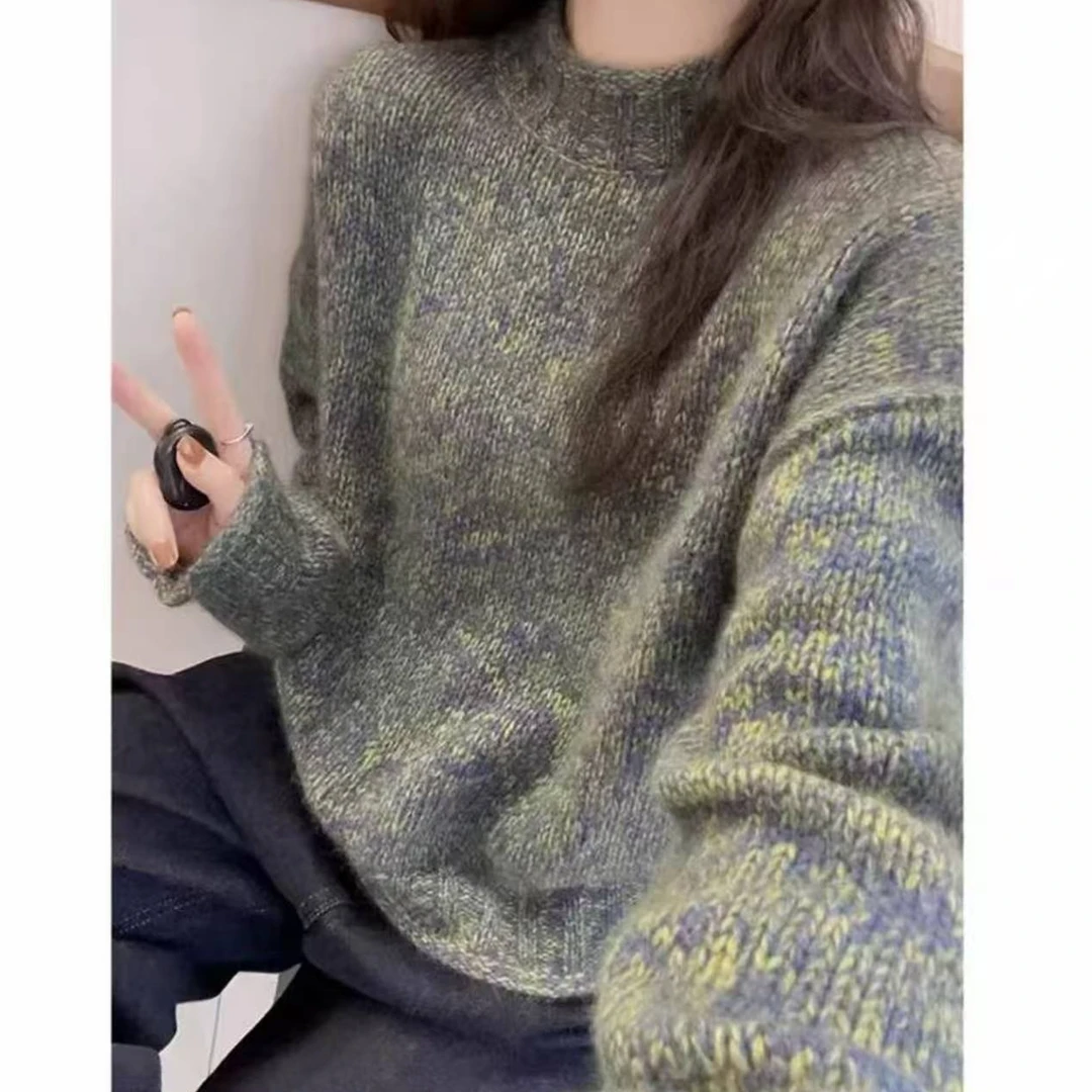 万人迷～韩版宽松加厚花纱气质百搭基础圆领针织衫套头毛衣