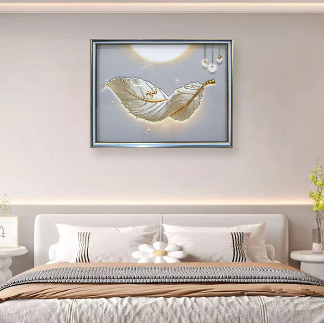 钢化玻璃【羽你一生】羽毛客厅背景墙画奶油风客厅沙发防水挂画8060