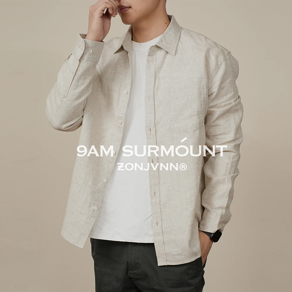 ZONJVNN老钱风100%法国亚麻长袖衬衫春秋季微宽松复古高级感纯色
