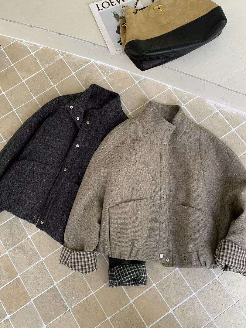 【摩姐姐欧韩】6131冬款羊毛呢白鸭绒加厚短款外套