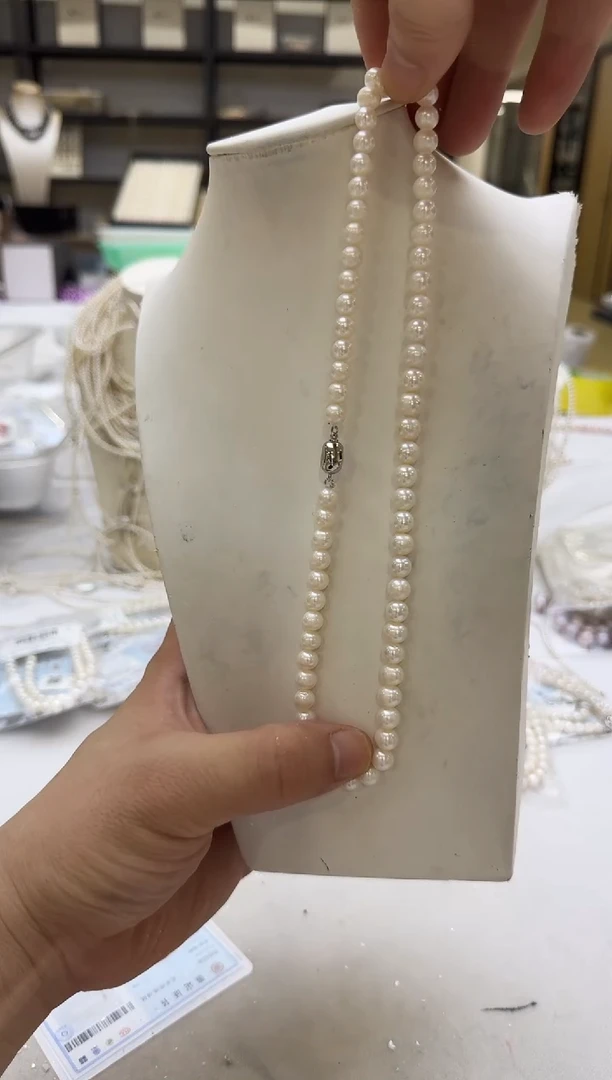 淡水珍珠银S925镶嵌项链7mm 无核-元宝扣