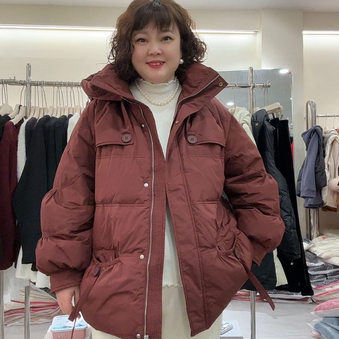 5607韩版加厚连帽飘带羽绒服胖MM大码宽松百搭潮流保暖白鸭绒外套