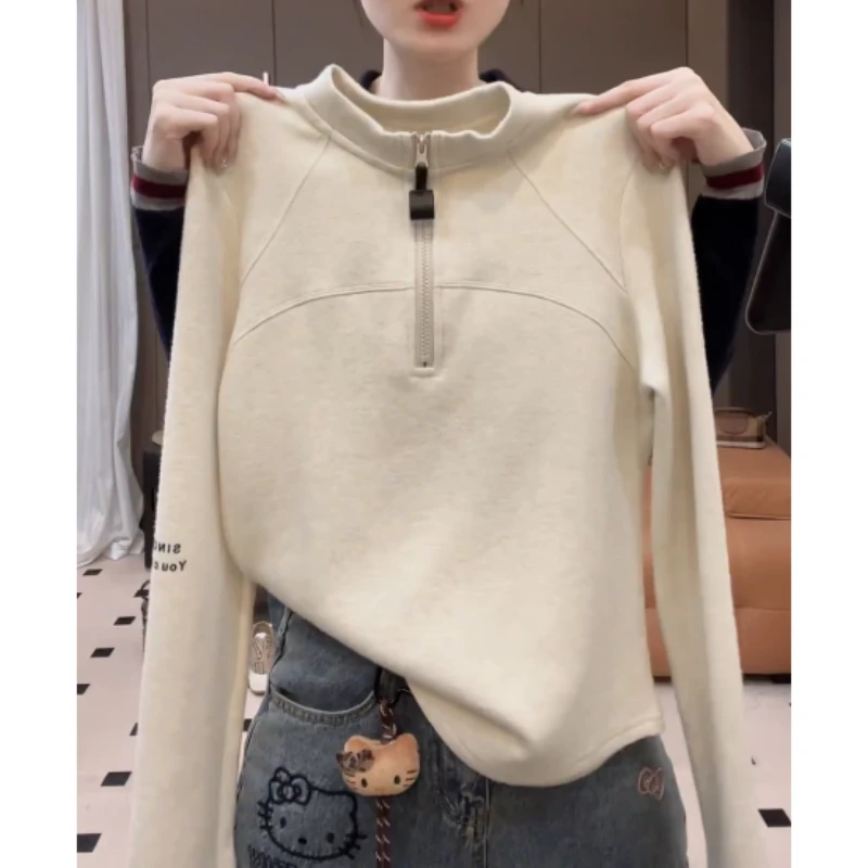 【暖意】2025秋冬立领半拉链字母袖修身弹力时尚长袖T恤LK2507412