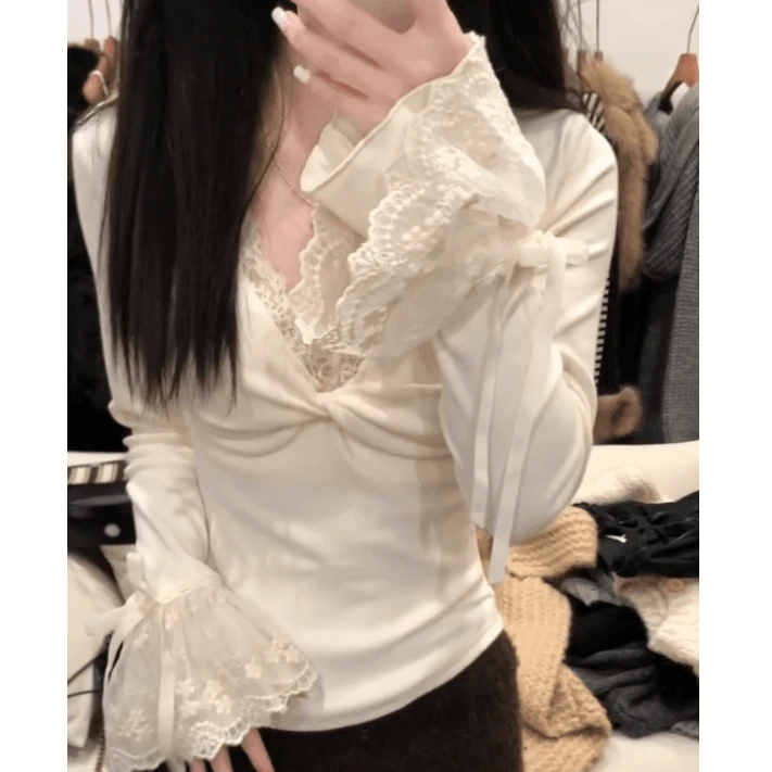 纯欲风bm风扭结v领蕾丝拼接长袖T恤女秋冬季修身内搭打底衫上衣