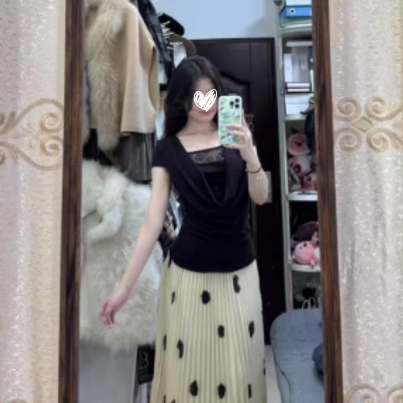 艺等2025新款法式气质荡领短袖T恤蕾丝修身褶皱收腰显瘦百搭上衣