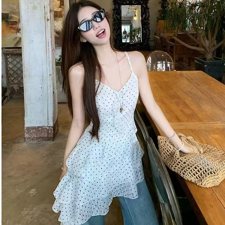 叮叮家【心动邂逅】荷叶边白色波点吊带连衣裙+开衫两件套装