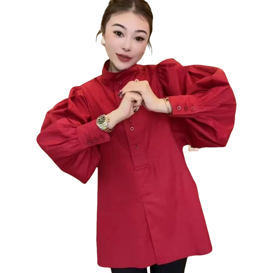 欧货气质衬衫女2024春季设计感立领灯笼袖宽松显瘦开叉中长款衬衣