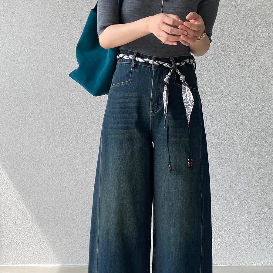 含腰带复古做旧高腰阔腿牛仔裤女秋新款九分直筒裤子