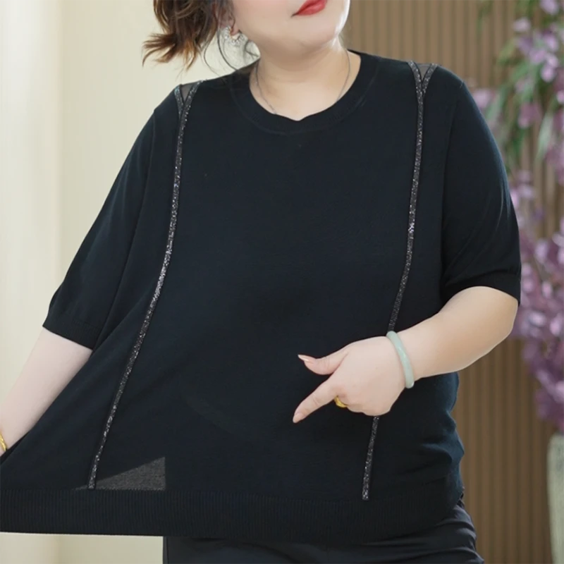 强捻冰感纱T恤女大码弹力烫钻优雅显瘦拼网纱夏季上衣针织衫罩衫