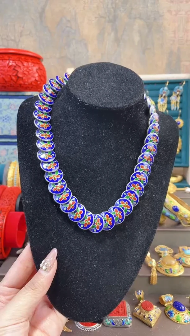 【闪购商品】非遗景泰蓝精品扁珠项链宝蓝红花