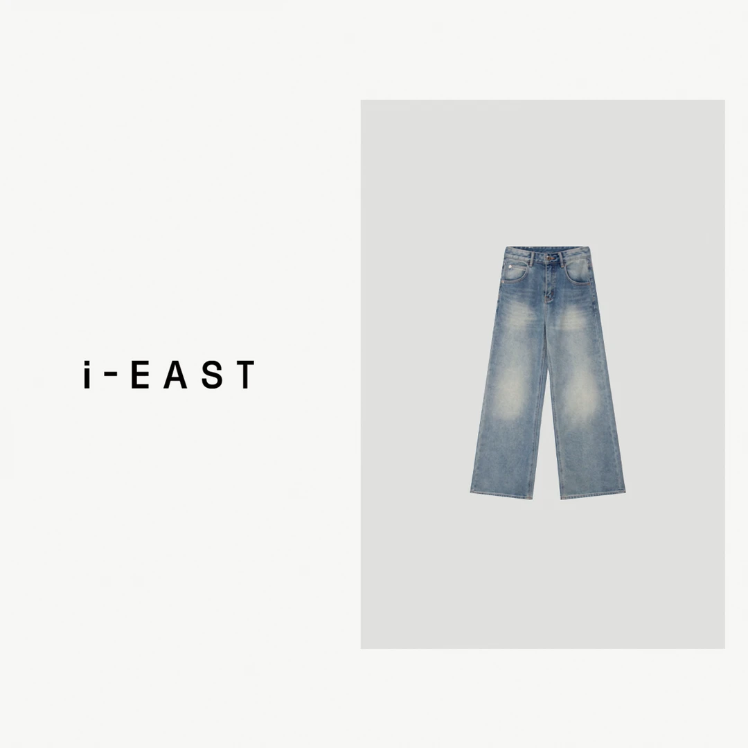 i-EAST 雅痞风尚~水洗做旧设计直筒加绒牛仔裤-4Q K12868