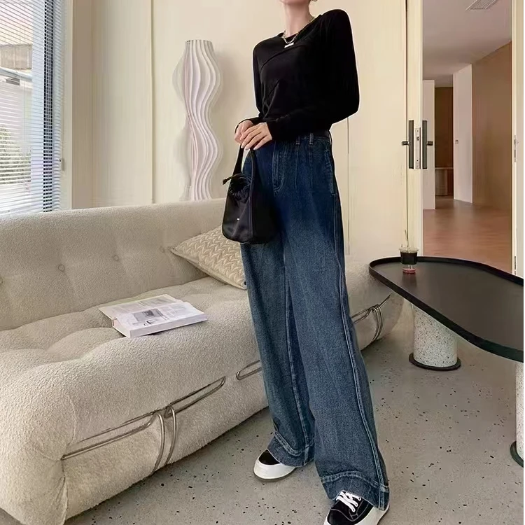 女高腰宽松抽褶牛仔裤休闲宽松时尚渐变牛仔裤显瘦百搭复古阔腿裤