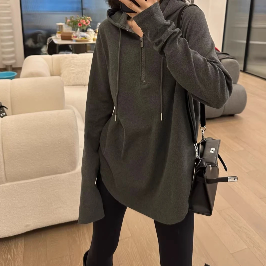 配鲨鱼裤的上衣磨毛加厚连帽长袖t恤女秋冬新款休闲中长遮臀内搭