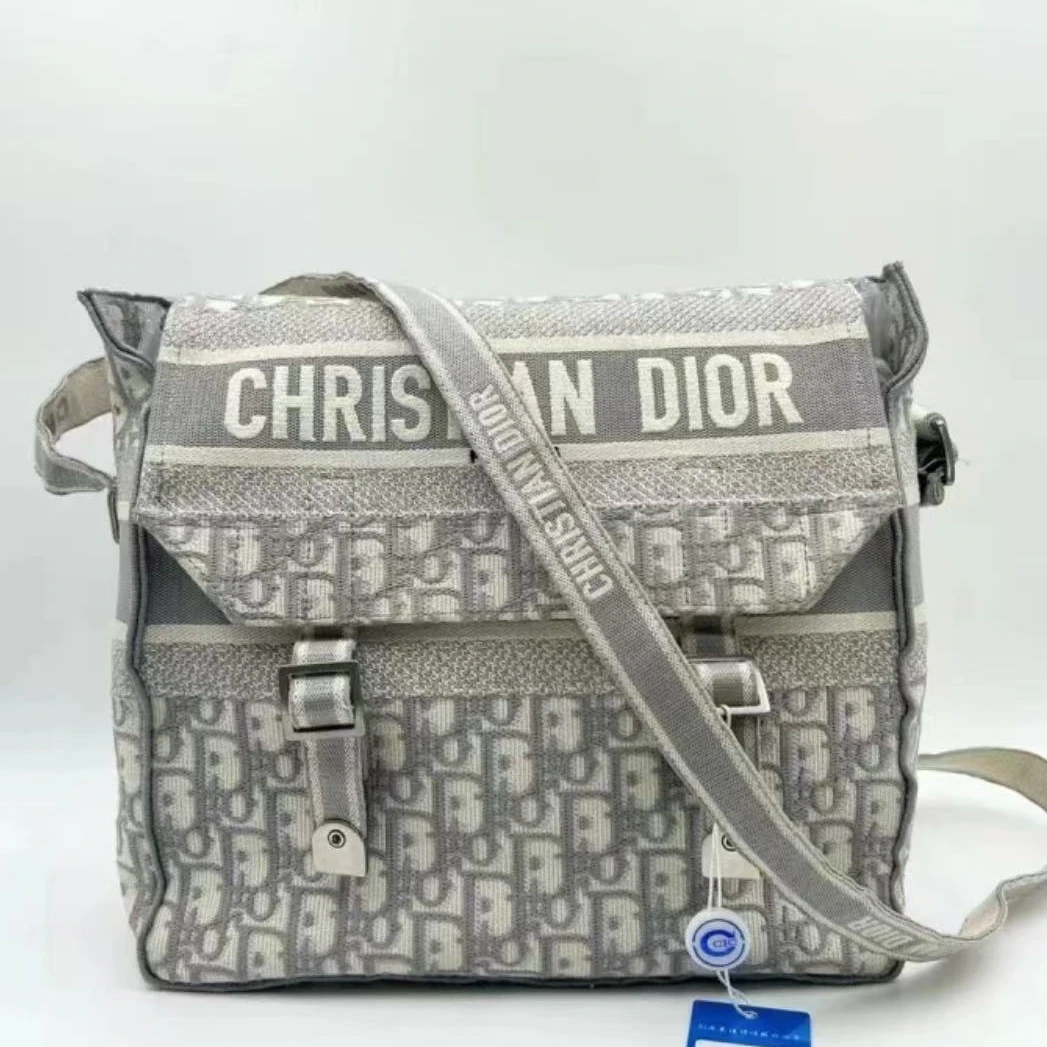 99新 DIOR/迪奥 【丁丁专属】灰老花camp斜跨邮差包/b090