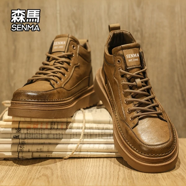 森马秋季新款男士休闲高帮皮鞋厚底增高防水工装时尚百搭英伦男鞋