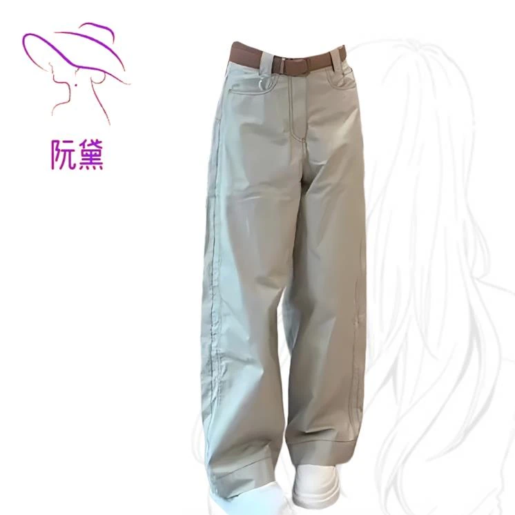 阮黛卡其色宽松阔腿休闲裤女春夏季大码胖复古百搭垂感高腰直筒裤