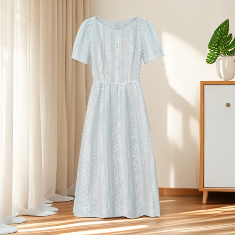 夏季新款2025法式泡泡袖高级收腰连衣裙送+发箍-W02