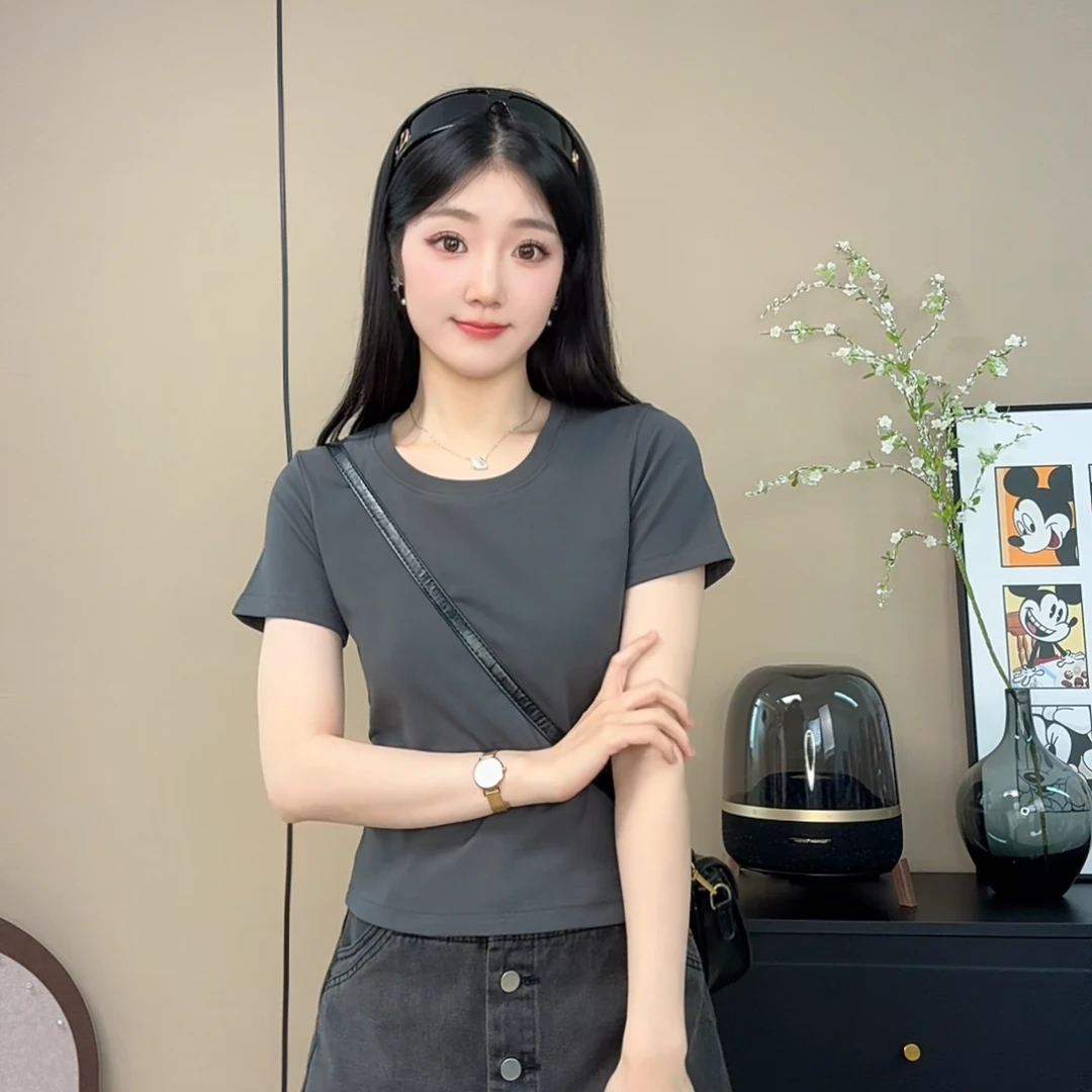 亲肤U领露锁骨纯色短袖T恤女夏季新款修身显瘦纯色短款高弹力上衣