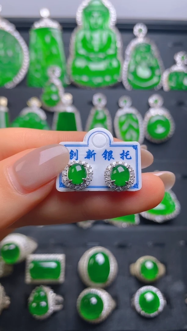 翡翠银S925镶嵌耳钉耳钉