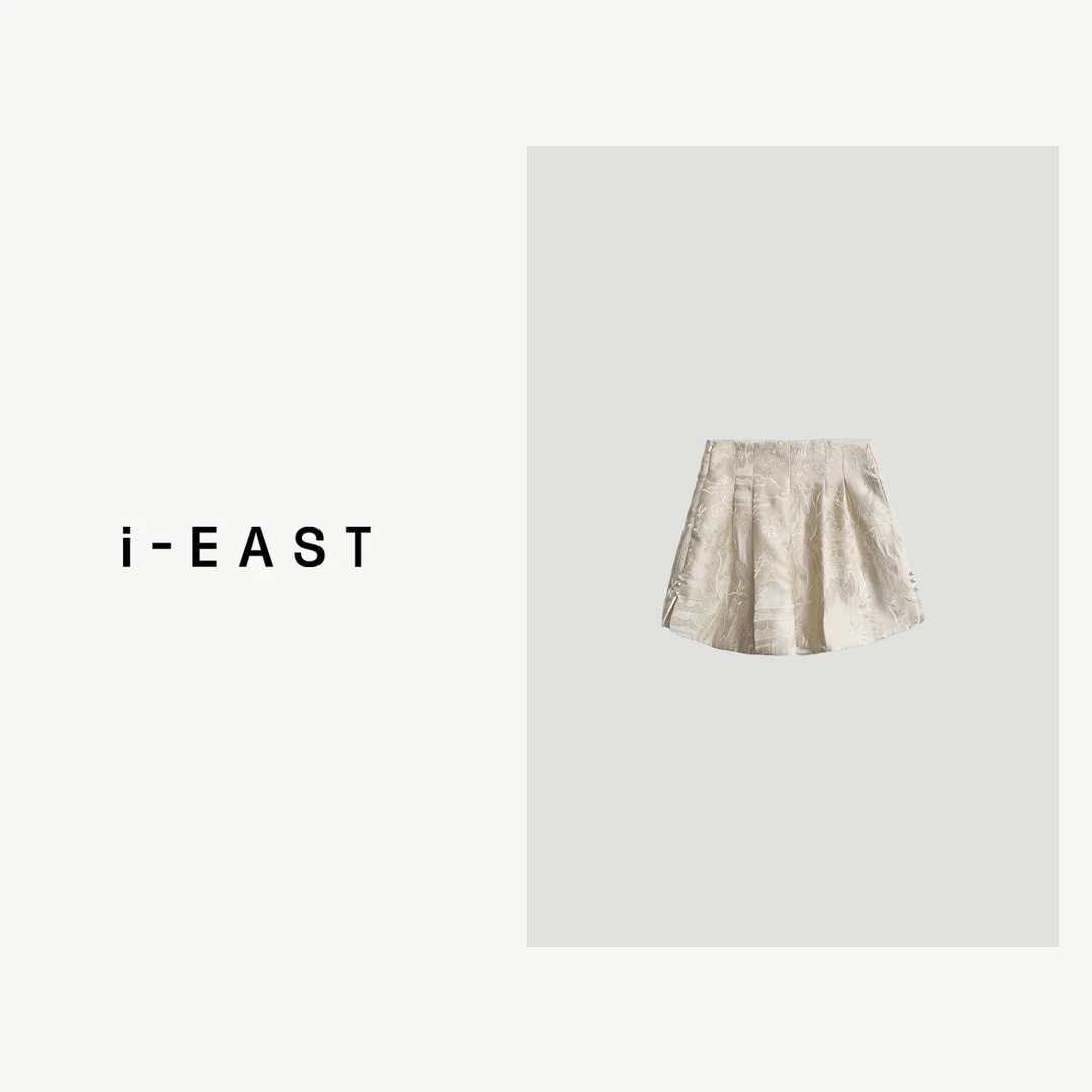 i-EAST 茶霏花开~新中式提花设计感短款裤子-4X K32595