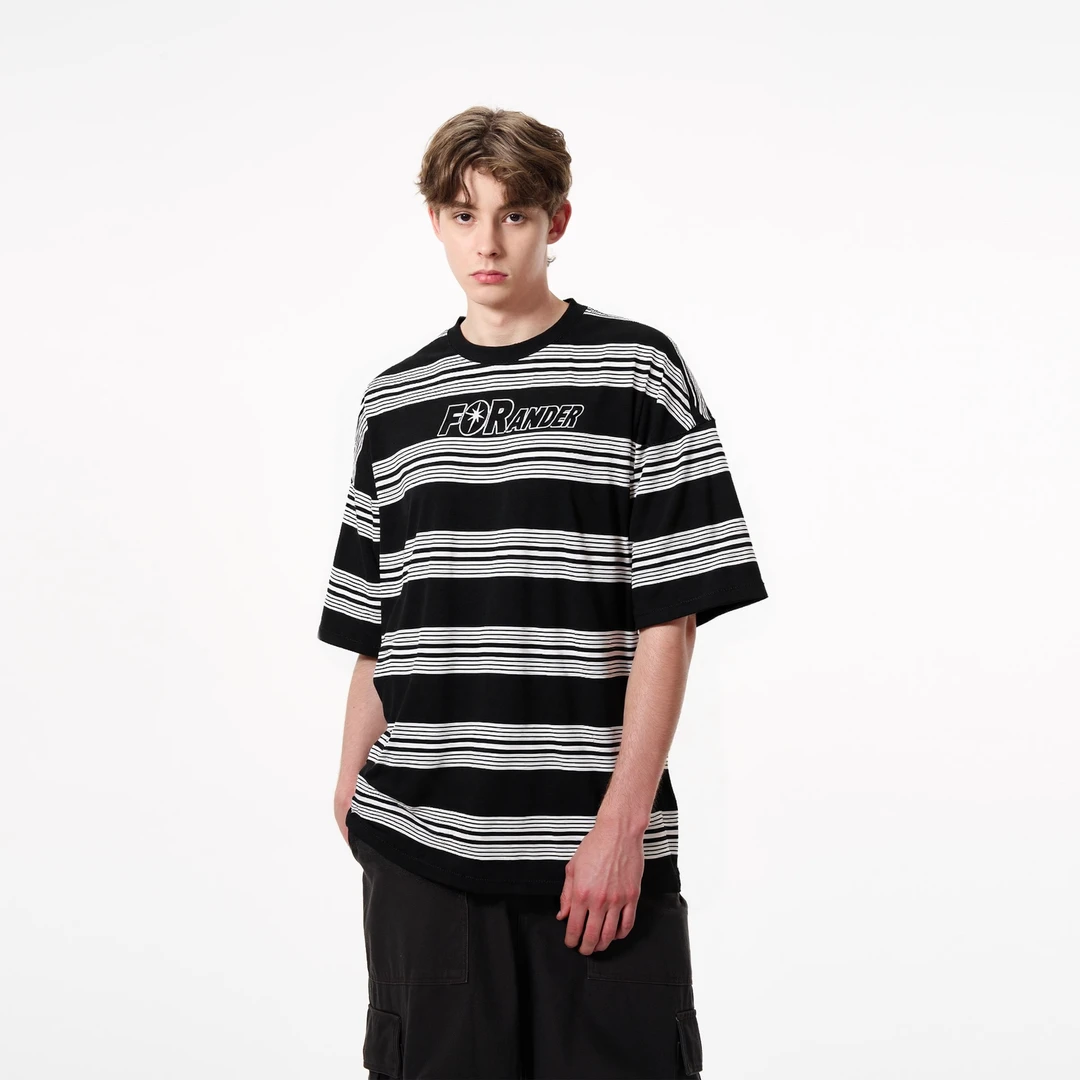 SAIMT美式印花黑白条纹短袖T恤新款宽松圆领半袖男士女士夏季男女