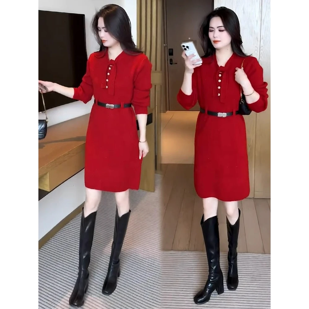 针织连衣裙女2025春秋新款时髦洋气中长款收腰显瘦打底气质毛衣裙