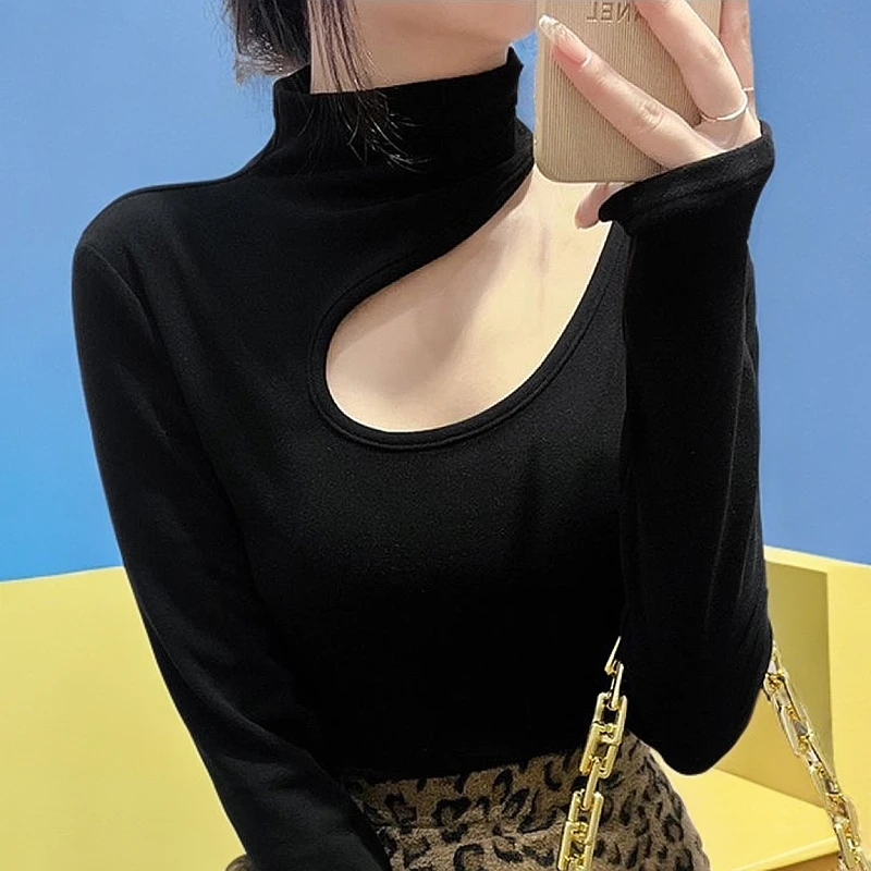 欧货薄绒高领打底衫女秋冬2025新款内搭洋气高级感镂空漏锁骨上衣