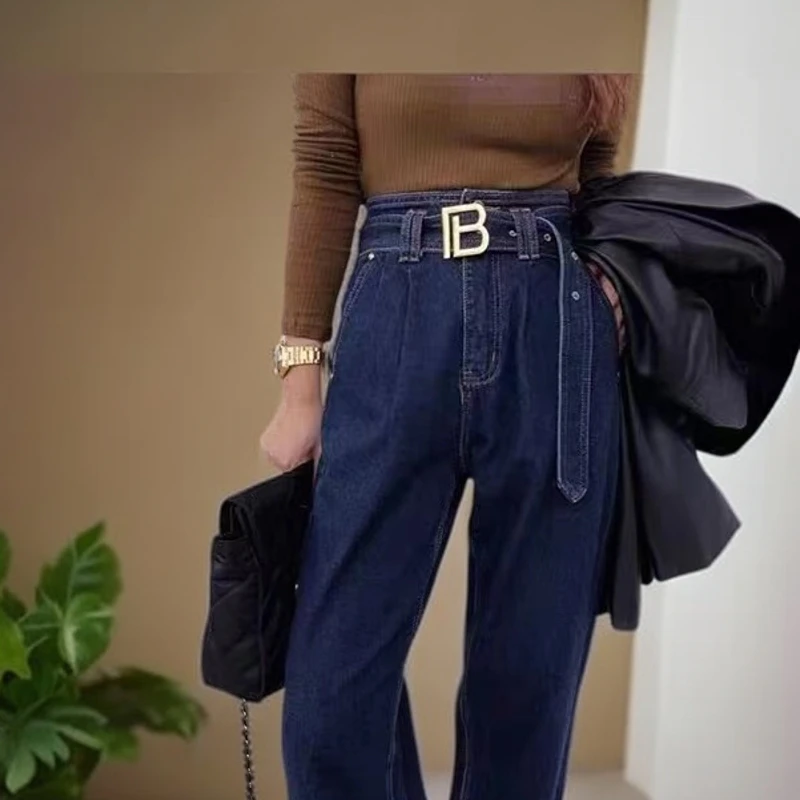 Y22016七分高品质牛仔裤带腰带B字母装饰萝卜裤版型