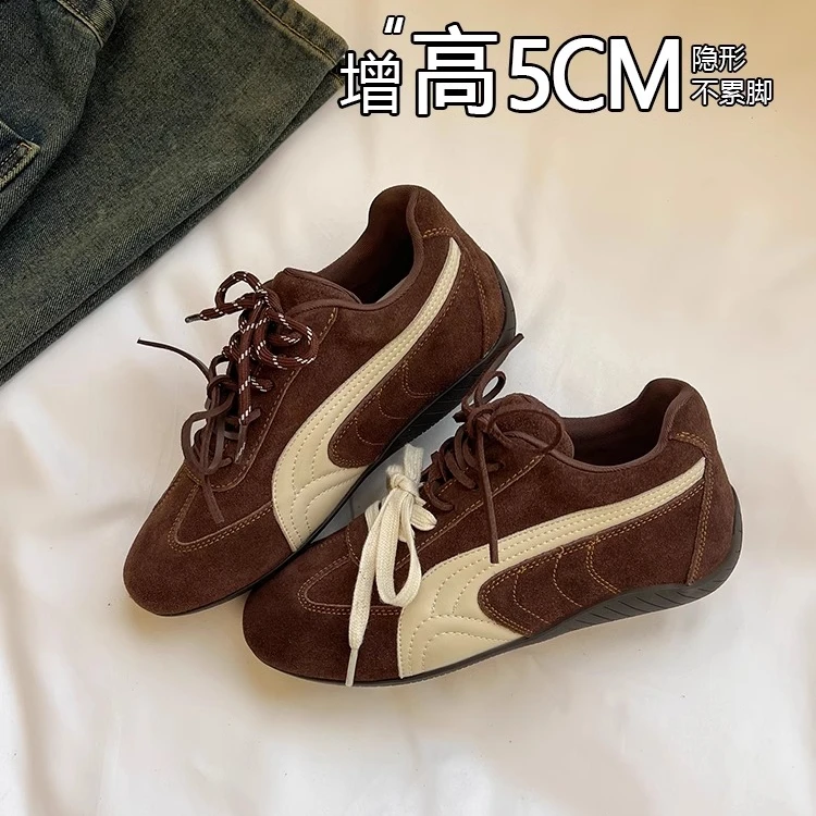 羊皮版内增高5CM复古德训鞋女2024秋冬季新款百搭休闲软底阿甘鞋