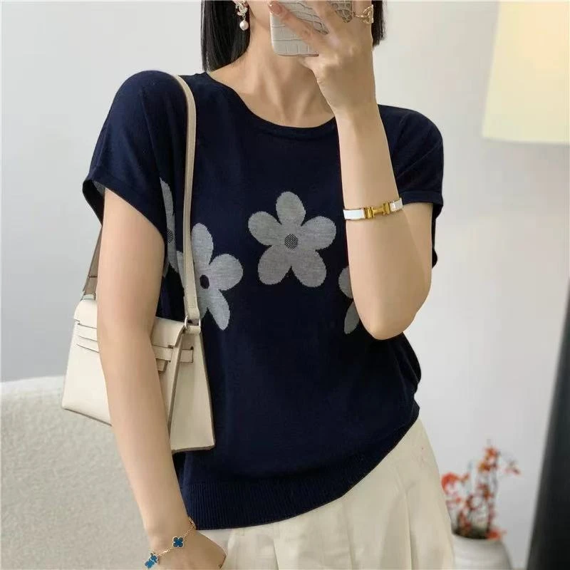 夏季新款时尚百搭圆领花朵图案气质显瘦针织衫1185-2