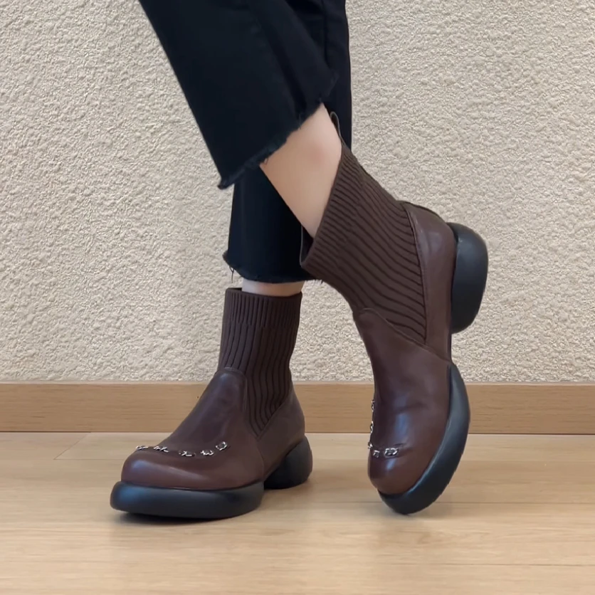RubyL/4cm复古设计感链条拼接舒适百搭套筒圆头厚底弹力袜靴女款