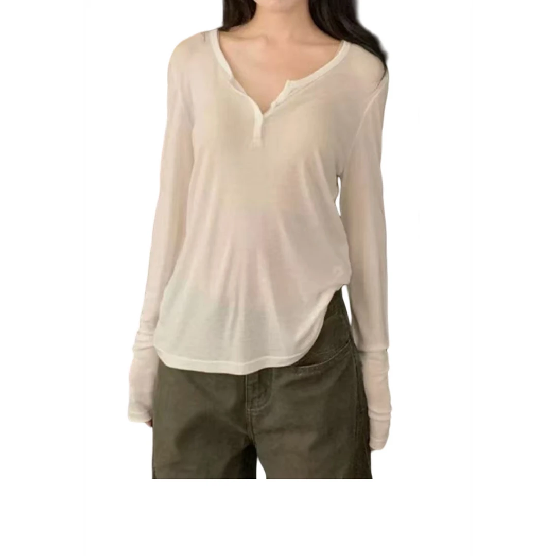 大麦家亨利领长袖T恤轻薄微透慵懒罩衫上衣