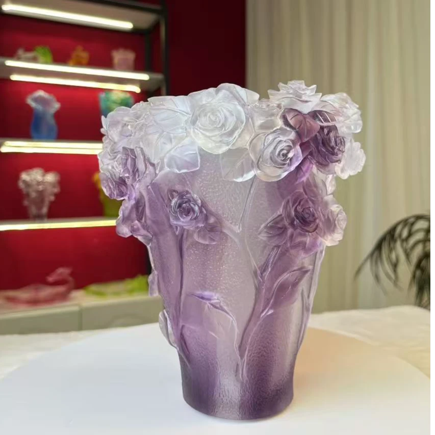 怒放的玫瑰琉璃花瓶摆件轻奢手工创意家用精美桌面书房玄关摆设