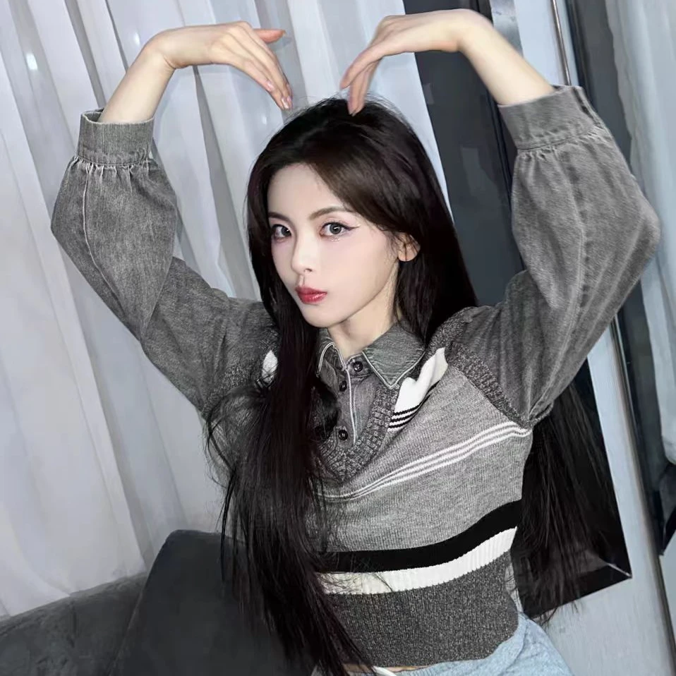 学院风新款时尚百搭假两件拼接牛仔针织衫外套女上衣马甲春秋毛衣
