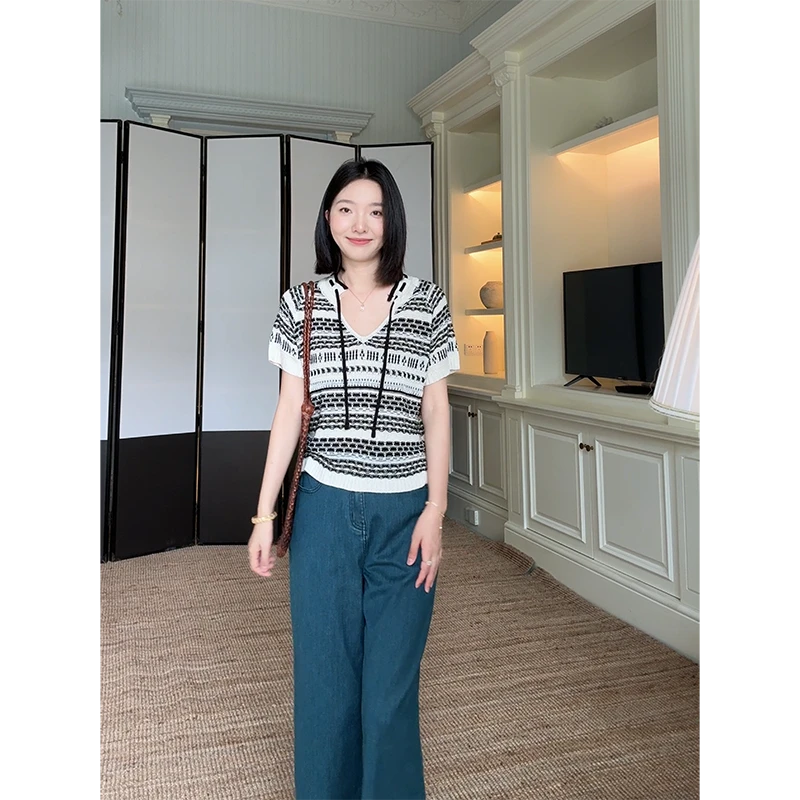 郭九九呢 V领宽松显瘦短袖针织衫简约百搭九分牛仔裤 G925Z10467