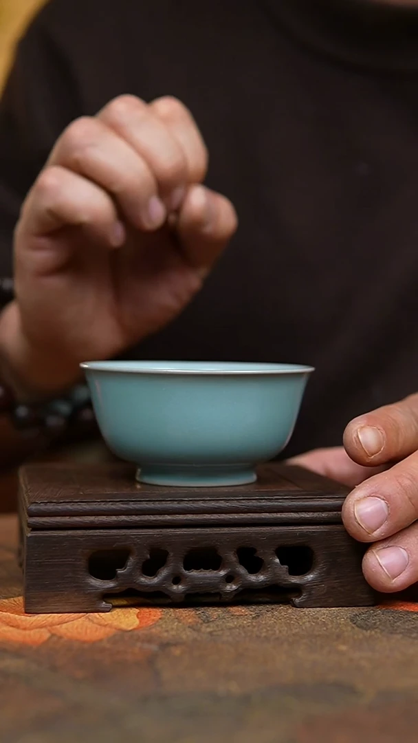 杯仿古天青纯手工薄胎卷足碗杯一级礼盒