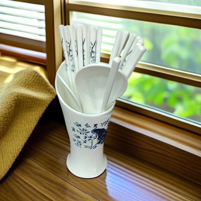 【景元宝陶瓷】景德镇孔雀筷子筒+筷子10双+饭勺1只+大汤勺1只-WJ