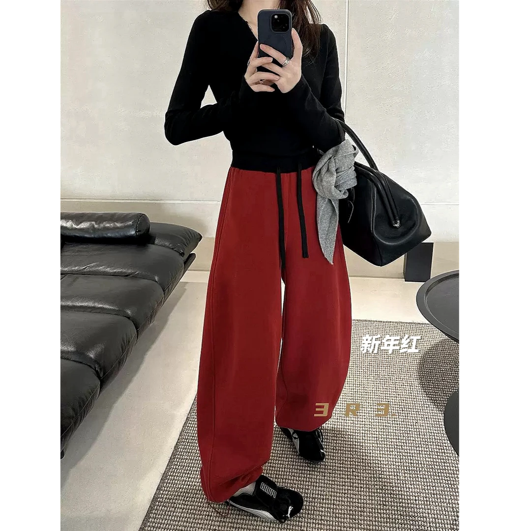 【清清运补】高级感撞色抽绳弯刀阔腿加绒加厚新款时尚洋气百搭女装