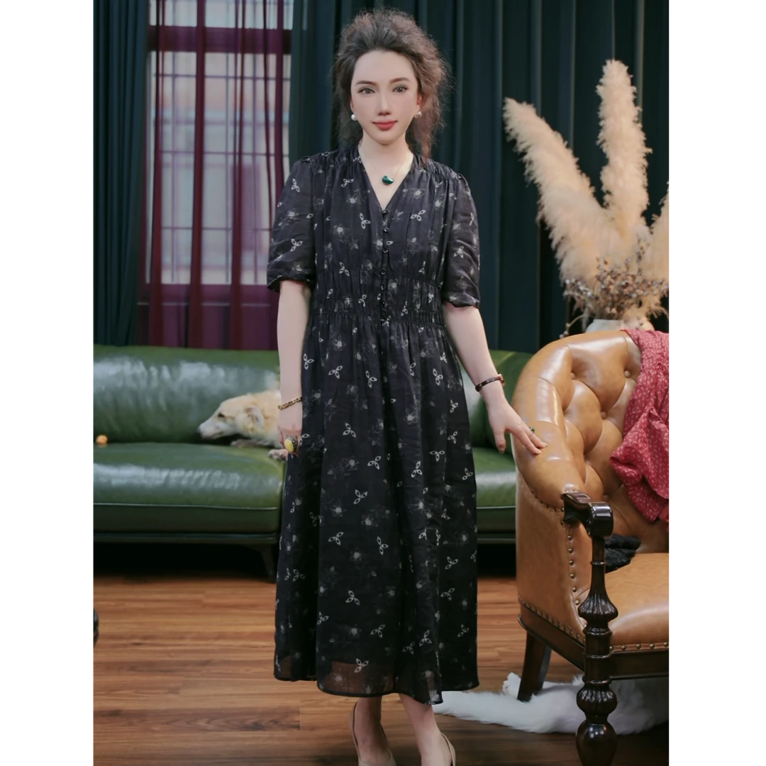 时尚夏装碎花复古灯笼袖气质复古港风中袖连衣裙