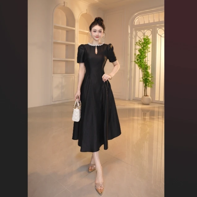 【显瘦定制】法式扎染皮肤黑的女生连衣裙黑色收腰轻奢修身80219