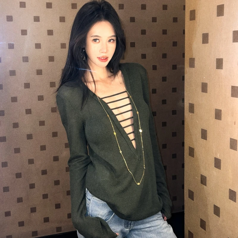 美式辣妹深v领长袖针织衫女冬季慵懒宽松纯欲显瘦百搭打底上衣