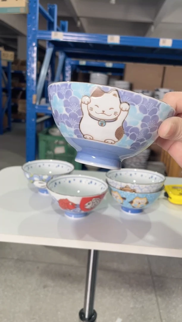 陶瓷千代源蓝色招财猫4.9英寸碗