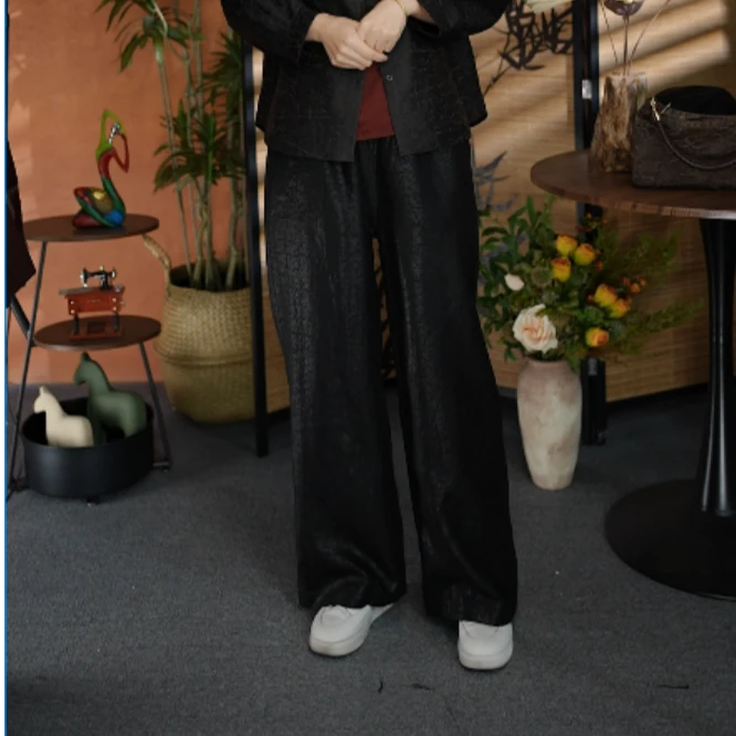【苗蔓纱语】秋冬新款香云纱桑蚕丝黑油龟直筒裤