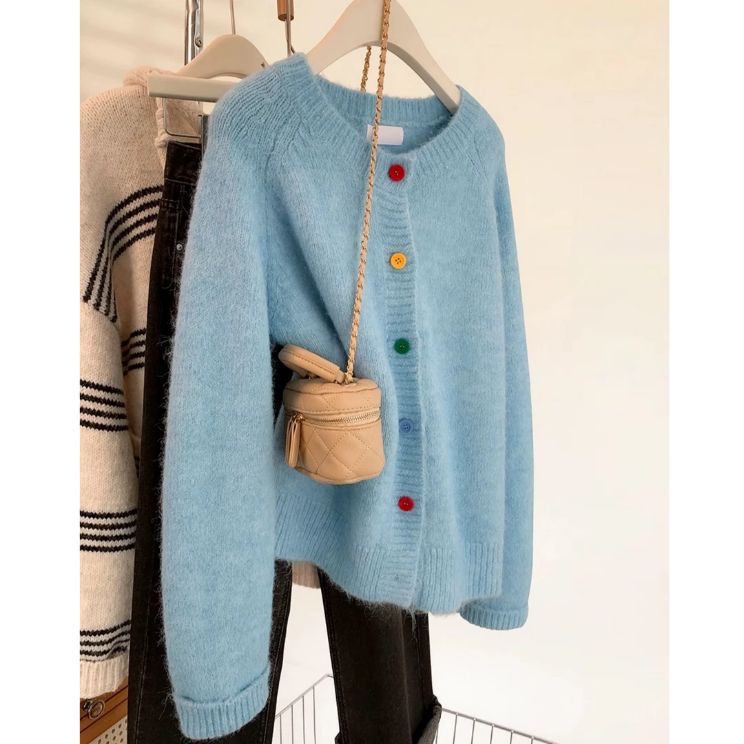 蓝色圆领针织开衫毛衣外套女秋冬2025新款慵懒风宽松休闲加厚上衣