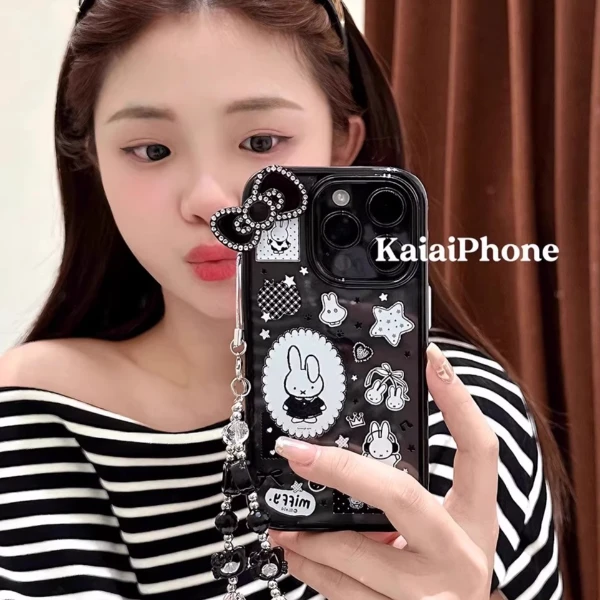 闪钻黑蝴蝶结吊链适用苹果16promax手机壳iPhone15/14亚克力13女