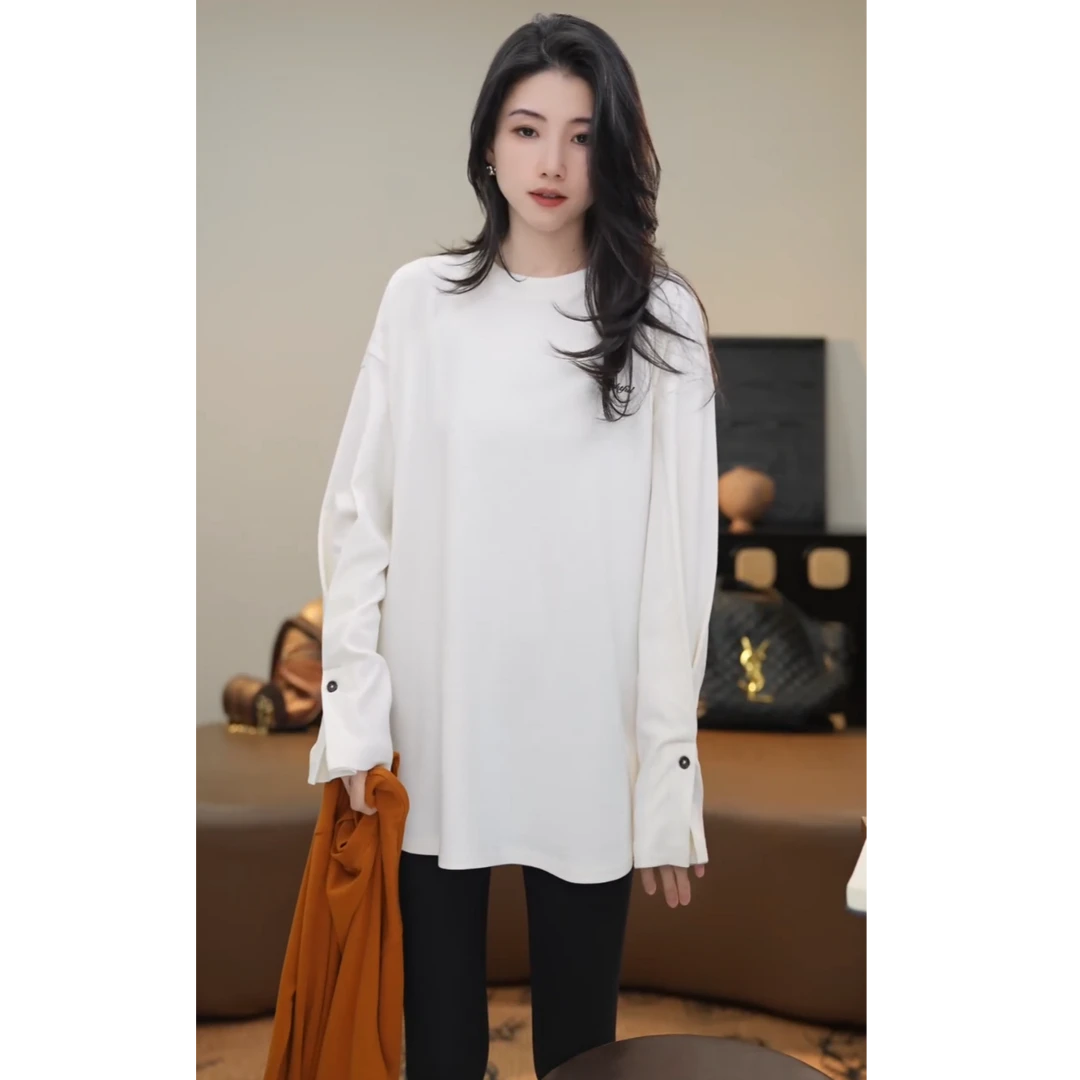 小乖逃双色！白色咖色卫衣T恤橙色袖子扣圆领纯色极简风秋冬S25723