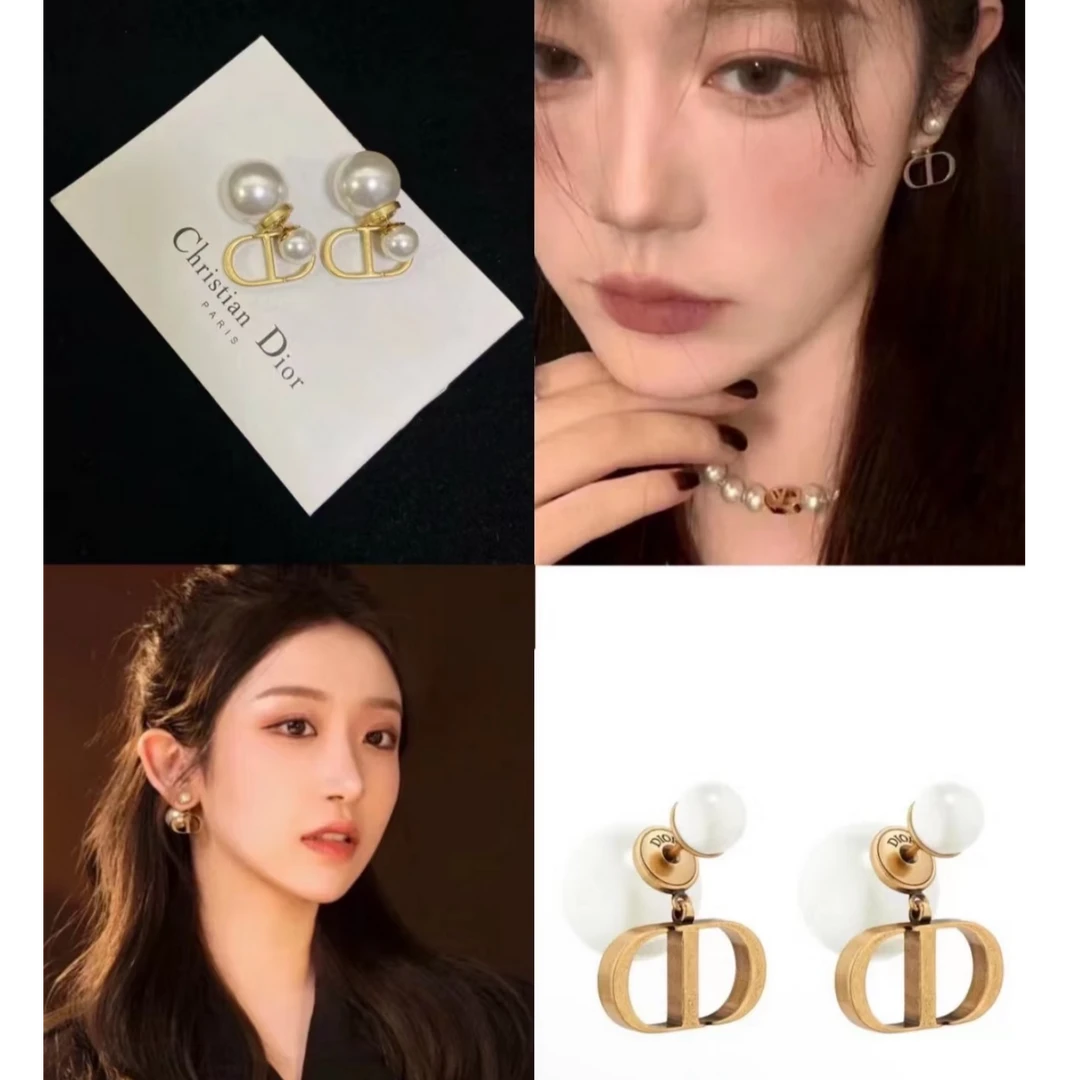 未使用 DIOR/迪奥 【念念】经典双珍珠CD吊坠耳环合金