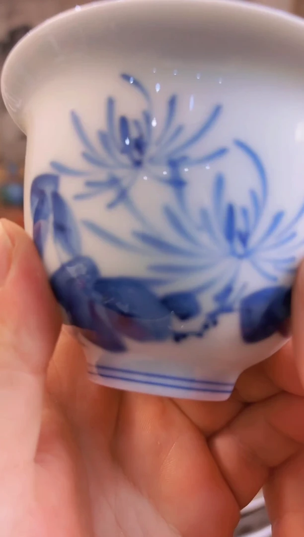 摆件瓷景德镇高端青花菊花三才盖碗